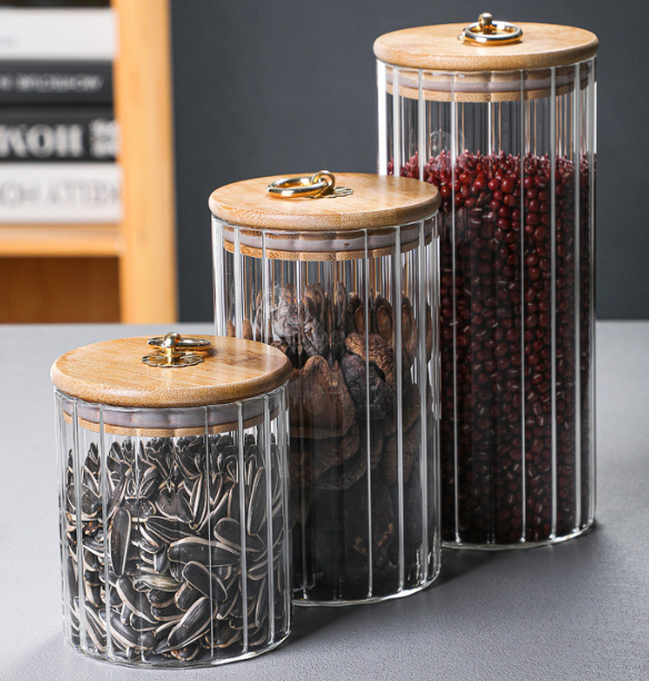 Bamboo lid striped high borosilicate storage