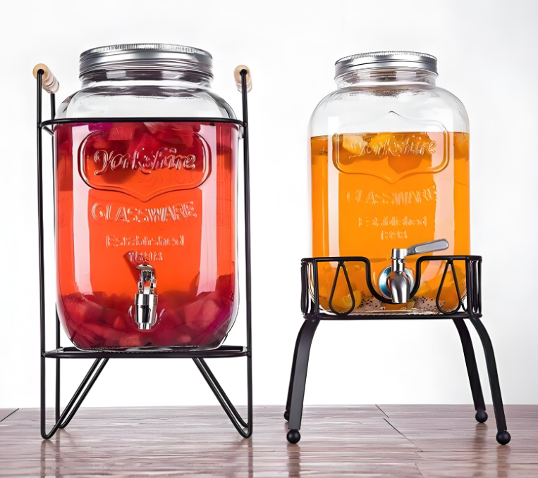  Glass juice jug with metal stand