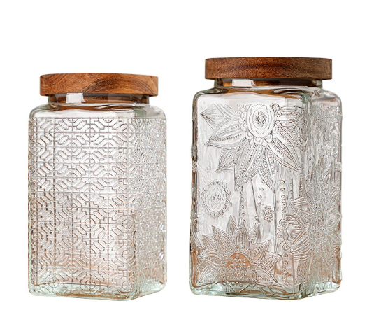 Embossed storage jar with bamboo lid