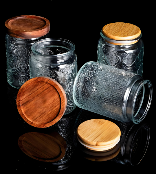 Embossed storage jar with bamboo lid